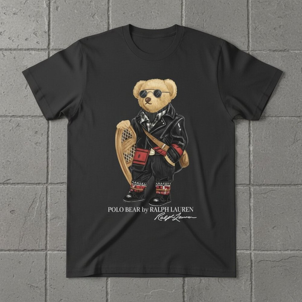 Polo Bear Leather Jacket Aviator Sunglasses Snowshoe Black Graphic Tee